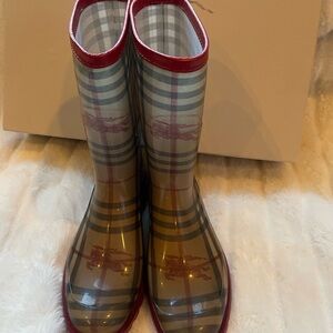 Burberry Beige Plaid Rain Boots with Red Trim